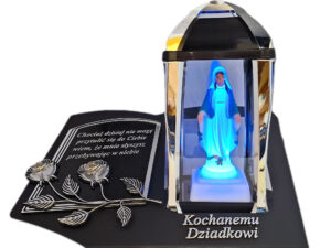 DZIADEK ZNICZ LAMPION NA GRÓB KPL SREBRO SKOS SENTENCJA+ FIGURKA LED