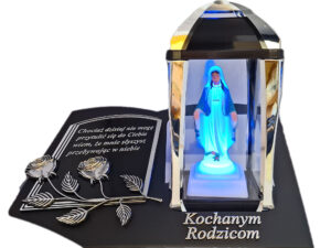 RODZICE RODZICOM ZNICZ LAMPION NA GRÓB KPL SREBRO SKOS SENTENCJA+ FIGURKA LED