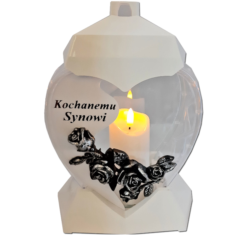 SYN SYNOWI ZNICZ NA GRÓB SERCE MAŁE BIAŁE + ŚWIECA LED