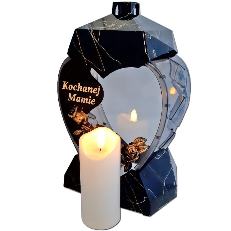 MAMA MAMIE ZNICZ NA GRÓB SERCE MAŁE CZARNO ZŁOTY MARMUR + ŚWIECA LED