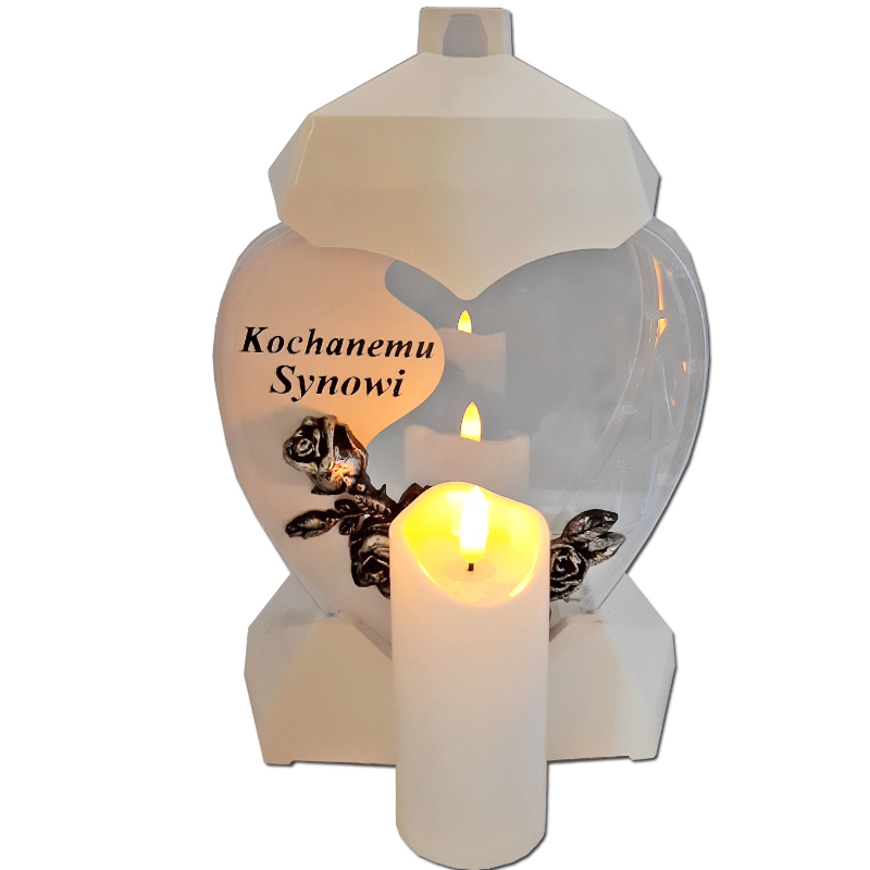 SYN SYNOWI ZNICZ NA GRÓB SERCE MAŁE BIAŁE + ŚWIECA LED