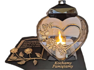 PAMIĘTAMY ZNICZ LAMPION NA GRÓB SERCE I SERCE ZŁOTO SKOS SENTENCJA+ ŚWIECA