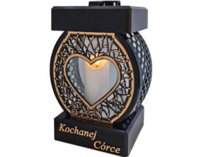 CÓRKA CÓRCE ZNICZ LAMPION NA GRÓB KOŁO RTN SERCE RAMA ZŁOTO+ŚWIECA LED BIAŁA