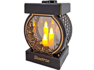 SIOSTRA SIOSTRZE ZNICZ LAMPION NA GRÓB KOŁO RTN RÓŻA RAM ZŁO+ŚWIECZNIK LED