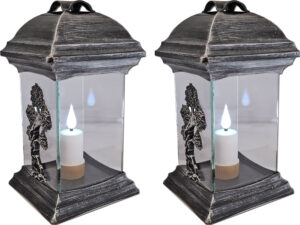 ZNICZ LAMPION NA GRÓB ZESTAW 2 SZTUKI KATEDRA SZKŁO DRZEWO SREBRO +WKŁADY