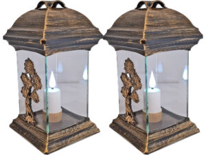 ZNICZ LAMPION NA GRÓB ZESTAW 2 SZTUKI KATEDRA SZKŁO DRZEWO ZŁOTO +WKŁADY